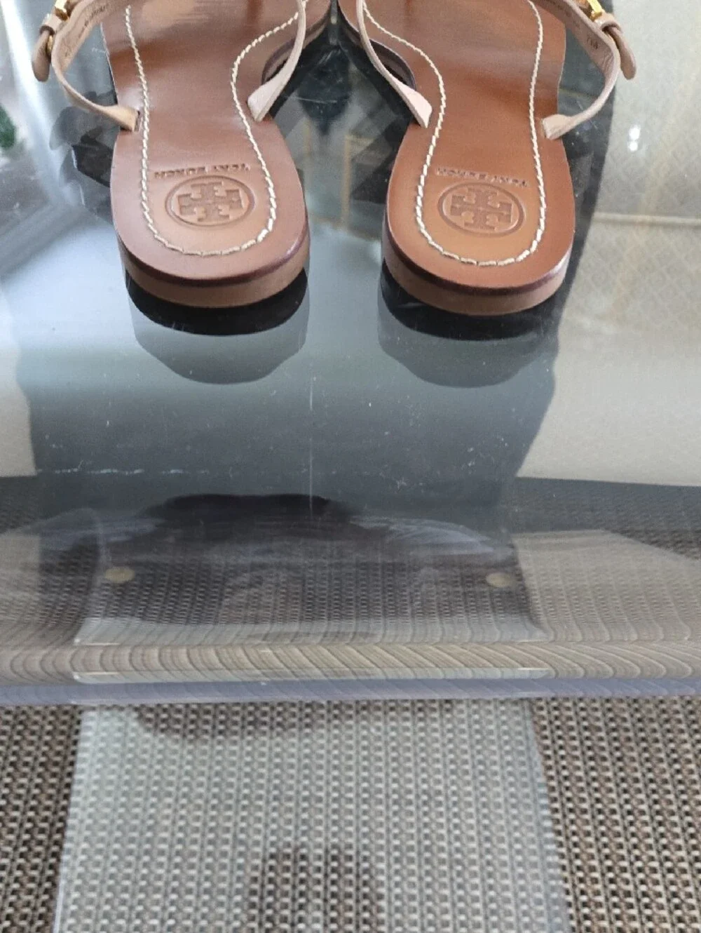 Tory Burch Beige Leather Thong Sandals with Gold Logo